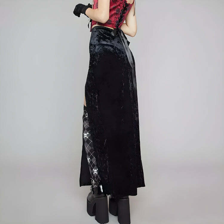 Goth Velvet High Split Midi Skirt - Y2K Grunge Aesthetic Fashion Piece