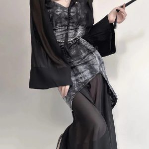 Goth Wide Sleeve Qipao Midi Dress - Y2K Aesthetic Fashion Statement