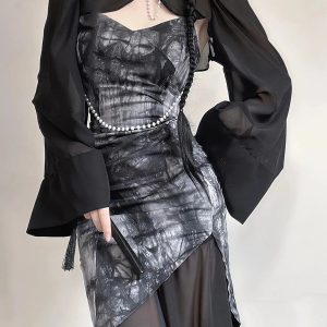 Goth Wide Sleeve Qipao Midi Dress - Y2K Aesthetic Fashion Statement