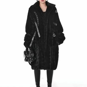 Gothic Faux Fur Fluffy Long Jacket - Y2K Grunge Aesthetic Outerwear