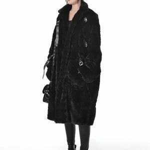 Gothic Faux Fur Fluffy Long Jacket - Y2K Grunge Aesthetic Outerwear