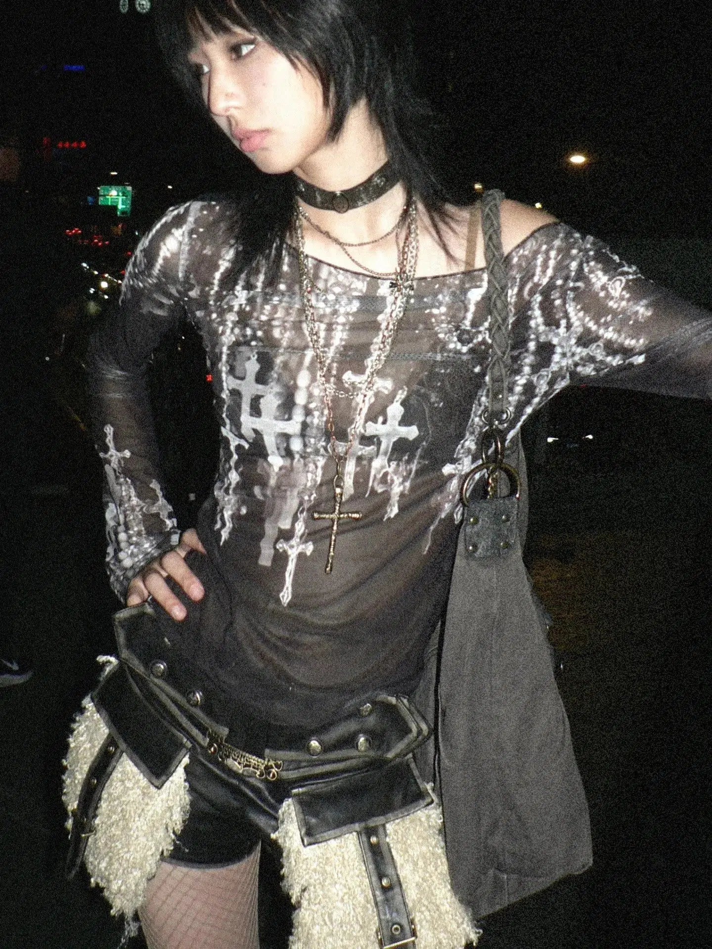 Grunge Aesthetic Cross Wide Neck Mesh Top - Y2K Fashion Essential