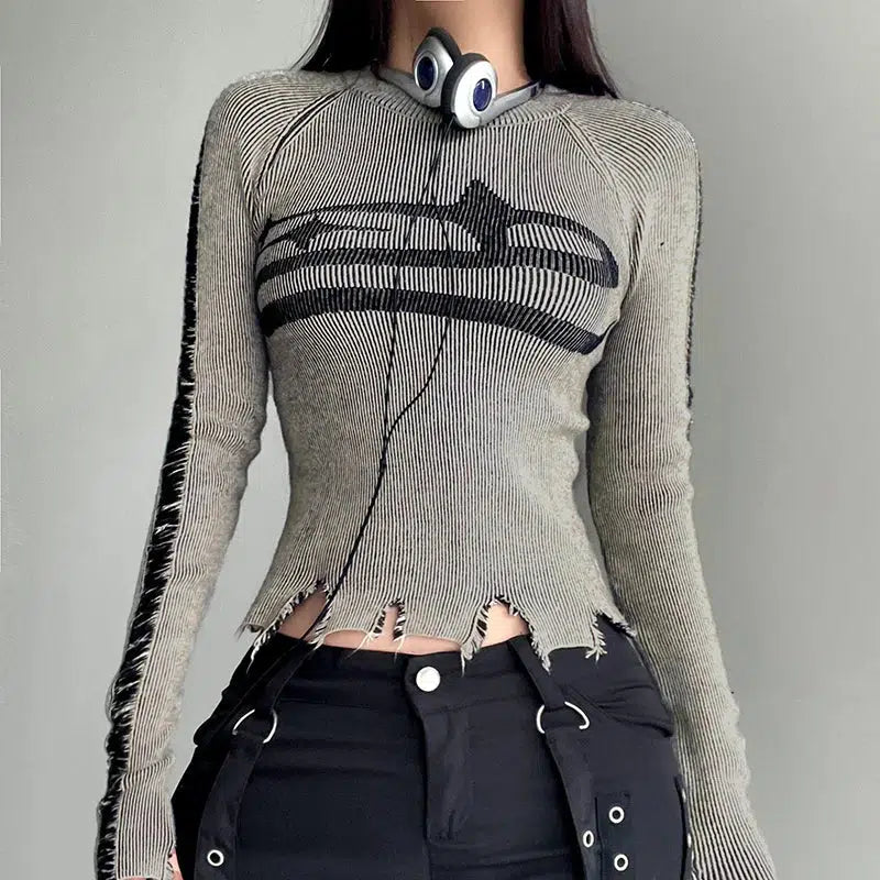 Grunge Aesthetic Distressed Long Sleeve Top for Y2K Fashion Lovers