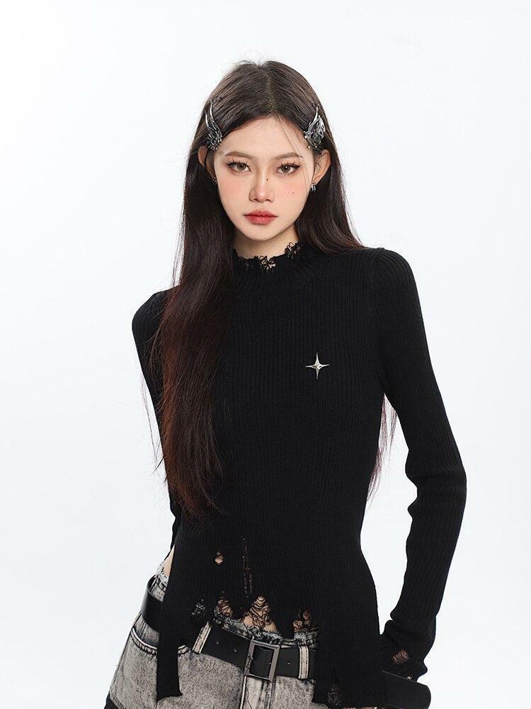 Grunge Aesthetic Distressed Turtleneck Sweater for Y2K Fashion Lovers