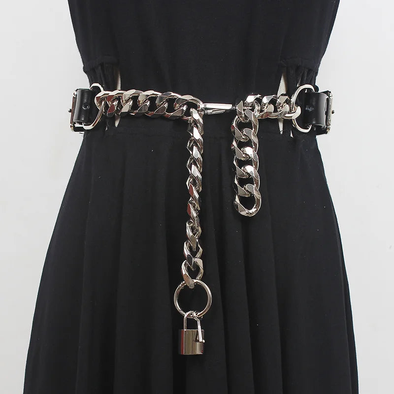 Grunge Aesthetic Faux Leather Chain Belt for Y2K Fashion Outfits