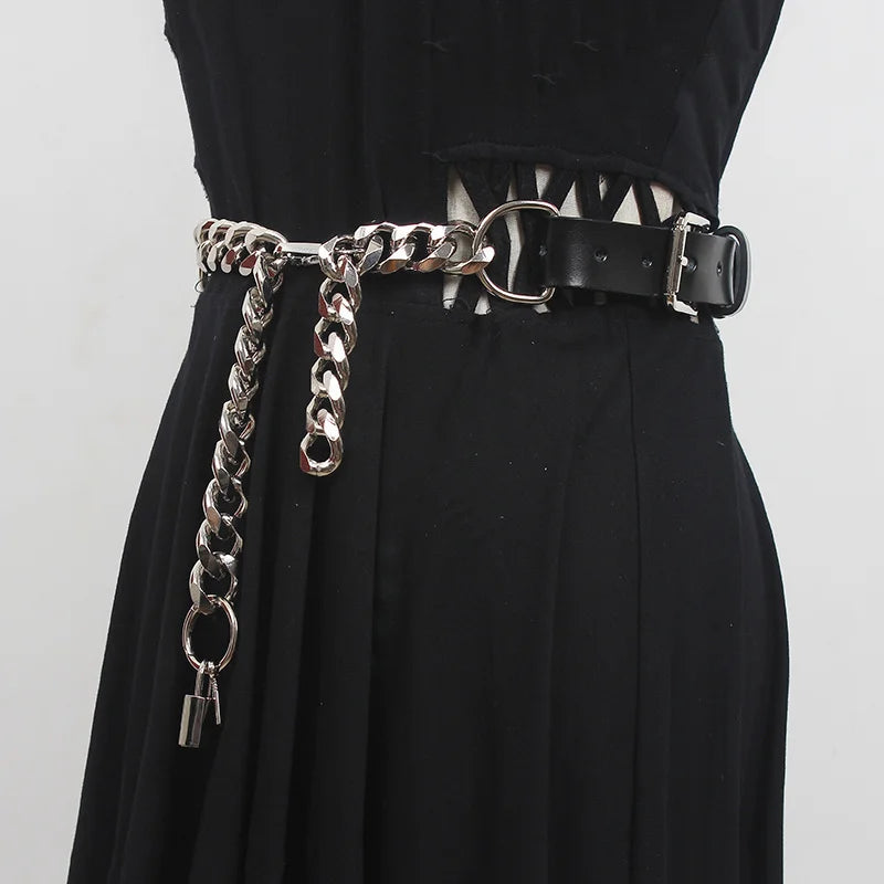 Grunge Aesthetic Faux Leather Chain Belt for Y2K Fashion Outfits