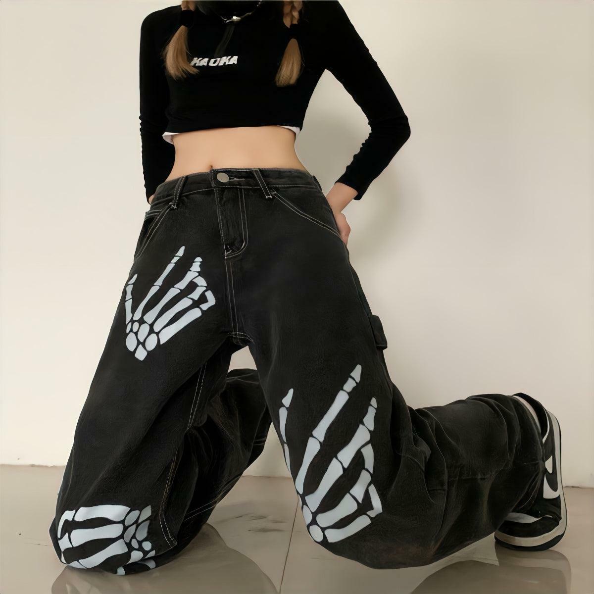 Grunge Aesthetic Skeleton Hand Printed Y2K Jeans for Trendy Outfits