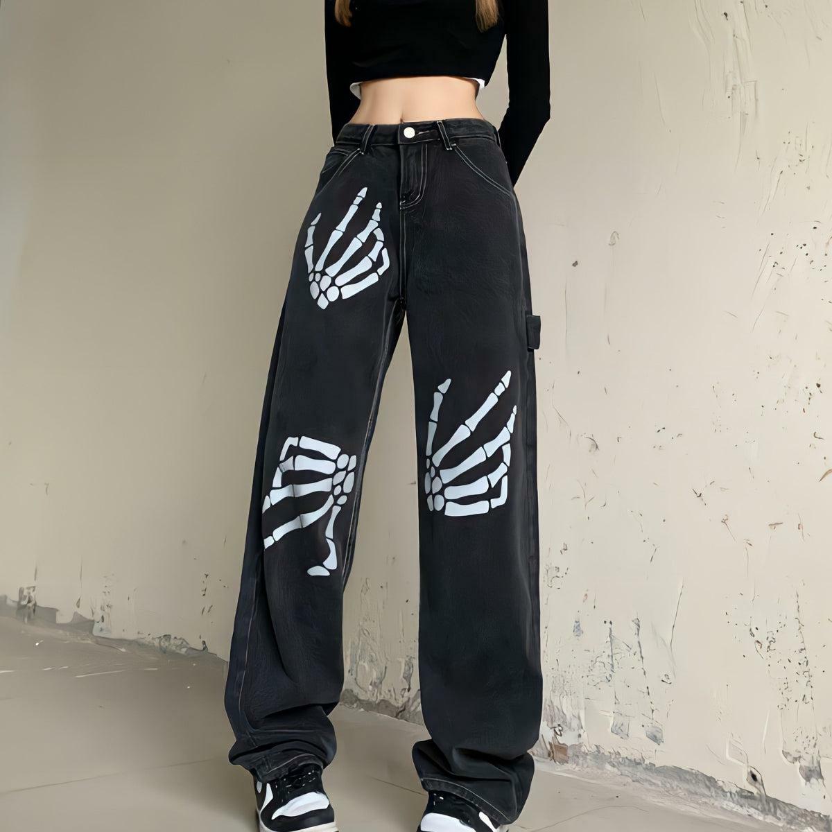 Grunge Aesthetic Skeleton Hand Printed Y2K Jeans for Trendy Outfits