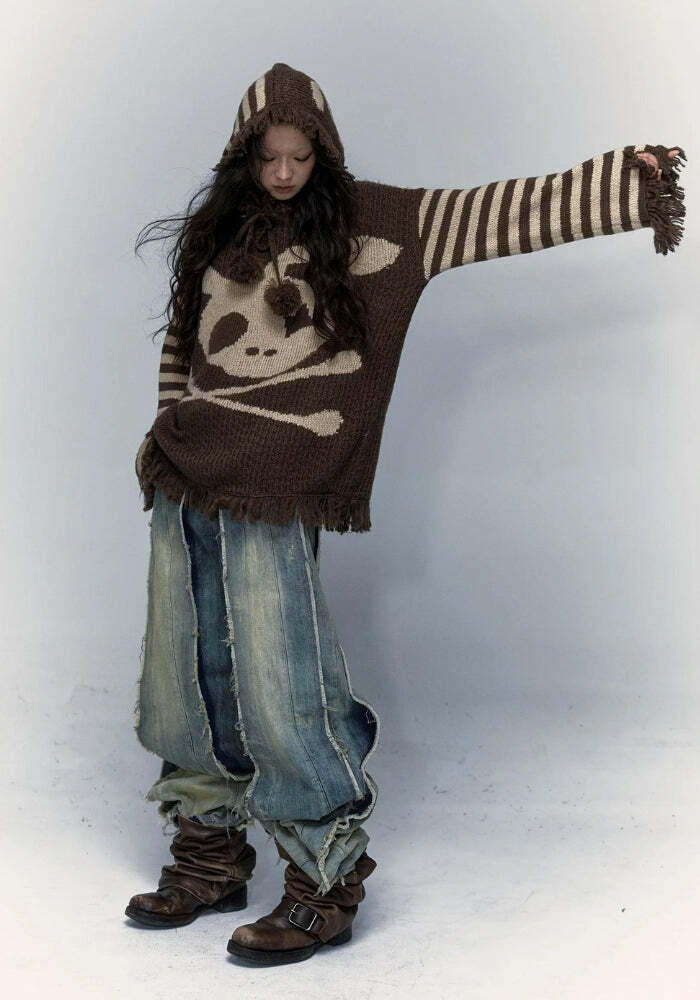 Grunge Aesthetic Tasseled Hooded Sweater for Y2K Fashion Lovers