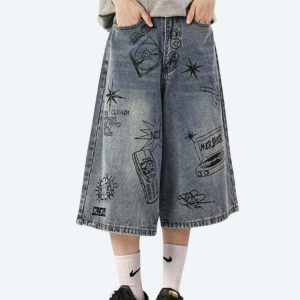 Grunge Aesthetic Wide Leg Denim Shorts for Y2K Fashion Lovers