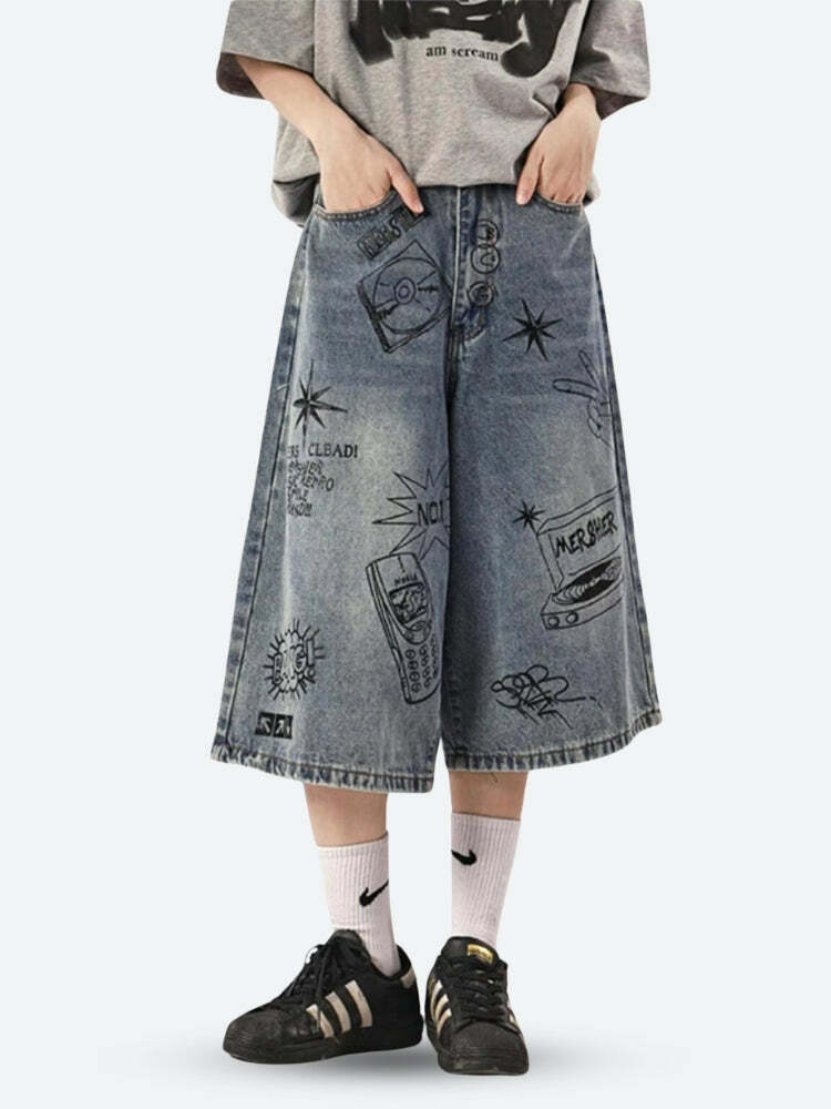 Grunge Aesthetic Wide Leg Denim Shorts for Y2K Fashion Lovers