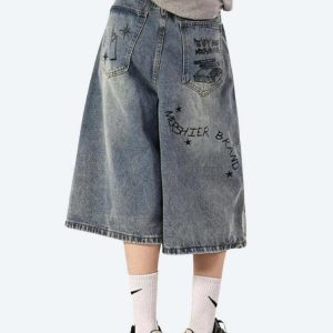 Grunge Aesthetic Wide Leg Denim Shorts for Y2K Fashion Lovers