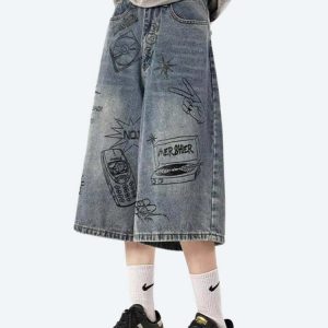 Grunge Aesthetic Wide Leg Denim Shorts for Y2K Fashion Lovers