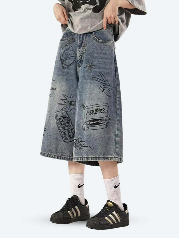 Grunge Aesthetic Wide Leg Denim Shorts for Y2K Fashion Lovers