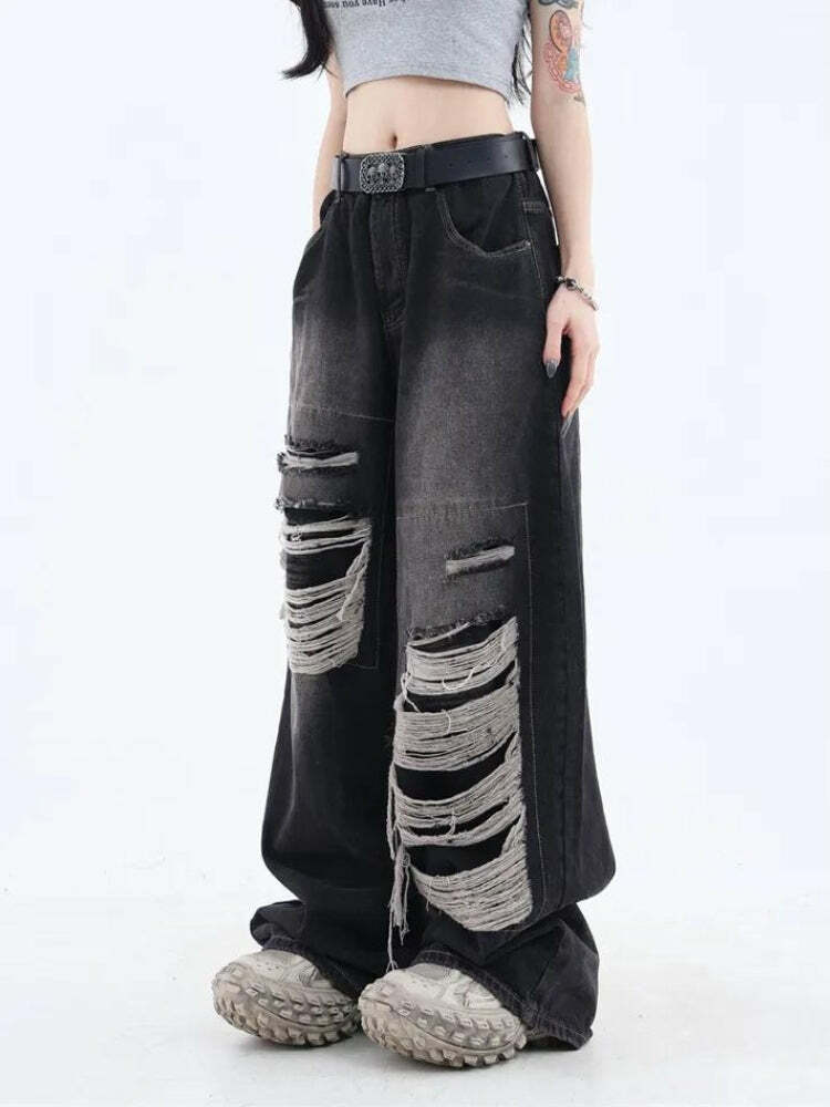 Grunge Dark Wash Distressed Jeans for Y2K Fashion & Aesthetic Outfits