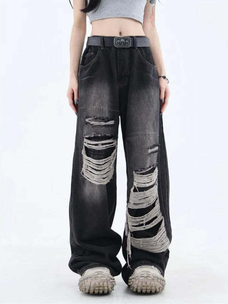 Grunge Dark Wash Distressed Jeans for Y2K Fashion & Aesthetic Outfits