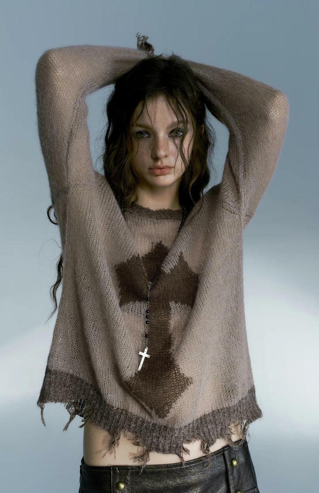 Grunge Distressed Cross Sweater - Y2K Fashion Aesthetic Top