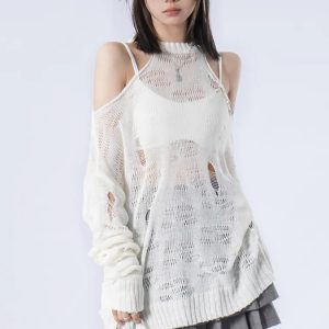 Grunge Distressed Cut-Out Knit Sweater - Y2K Aesthetic Top