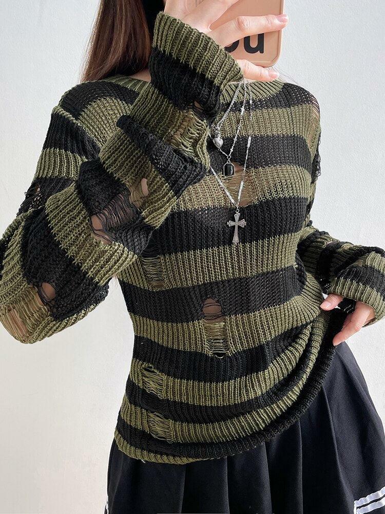 Grunge Distressed Striped Sweater - Y2K Fashion & Aesthetic Tops