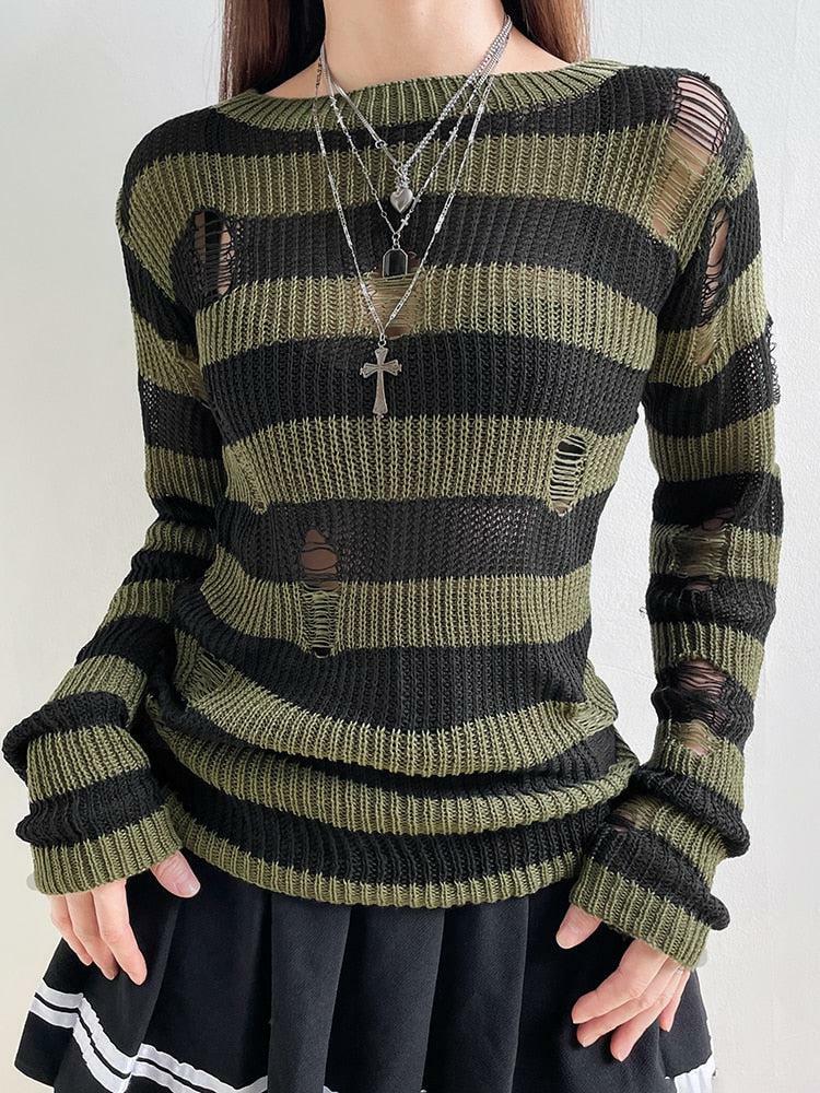 Grunge Distressed Striped Sweater - Y2K Fashion & Aesthetic Tops