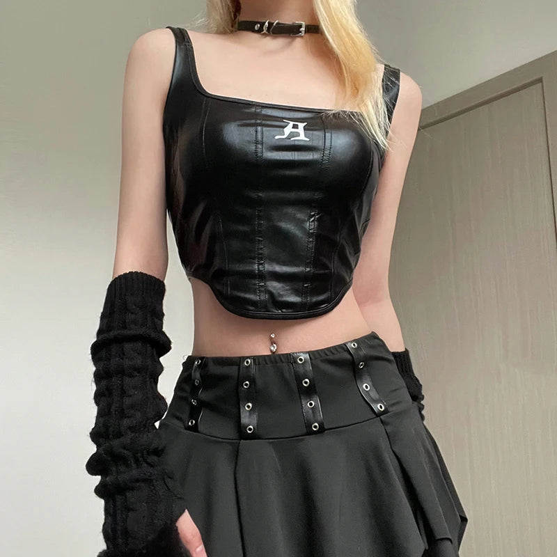 Grunge Faux Leather Crop Corset Top - Y2K Fashion & Aesthetic Outfits