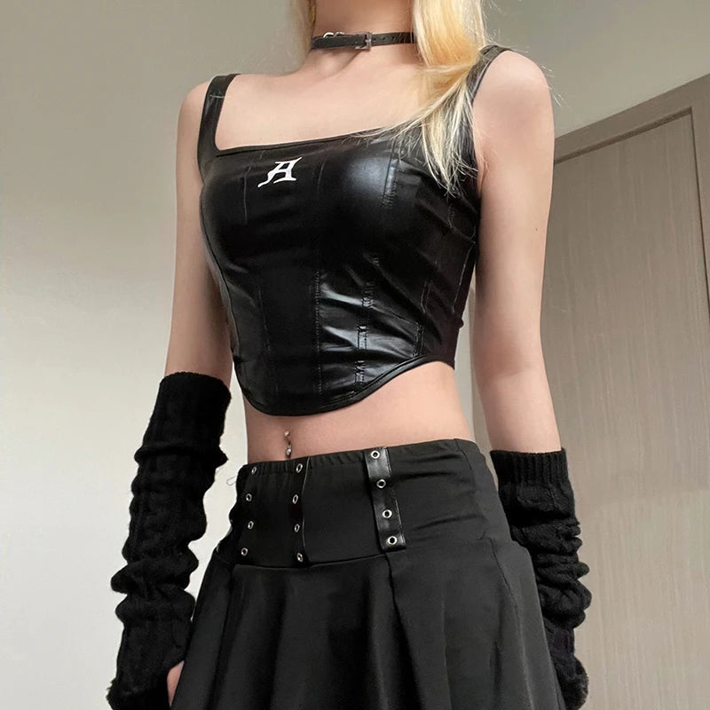 Grunge Faux Leather Crop Corset Top - Y2K Fashion & Aesthetic Outfits