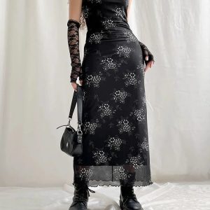 Grunge Floral Mesh Midi Dress - Y2K Aesthetic Outfit for Trendy Looks