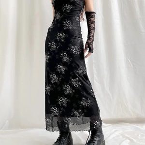 Grunge Floral Mesh Midi Dress - Y2K Aesthetic Outfit for Trendy Looks