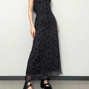 Grunge Floral Printed Maxi Dress - Y2K Aesthetic Outfit for Trendy Looks