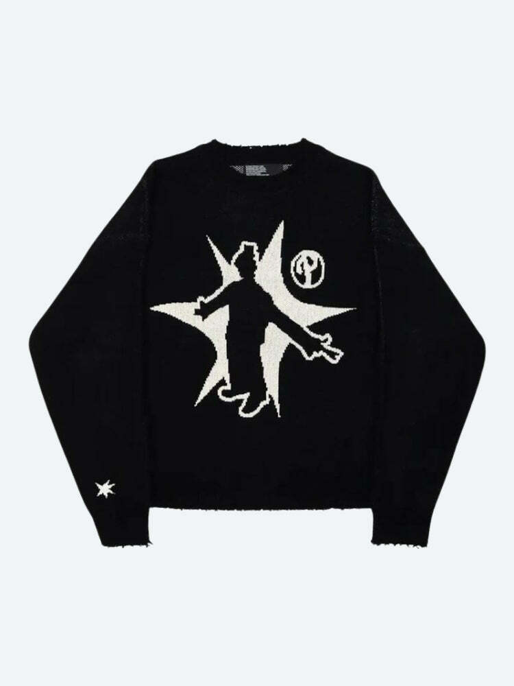 Grunge Starboy Distressed Knit Sweater - Y2K Aesthetic Top