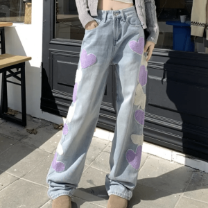 Heart Patchwork Straight Leg Jeans - Y2K Fashion, Grunge Aesthetic, Cute Tops