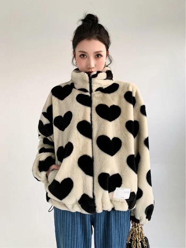 Heart Pattern Teddy Jacket - Y2K Fashion, Coquette Aesthetic, Cute Tops