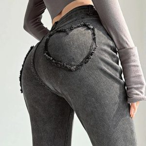 Heart Pocket Flare Jeans - Y2K Fashion, Grunge Aesthetic, Cute Tops