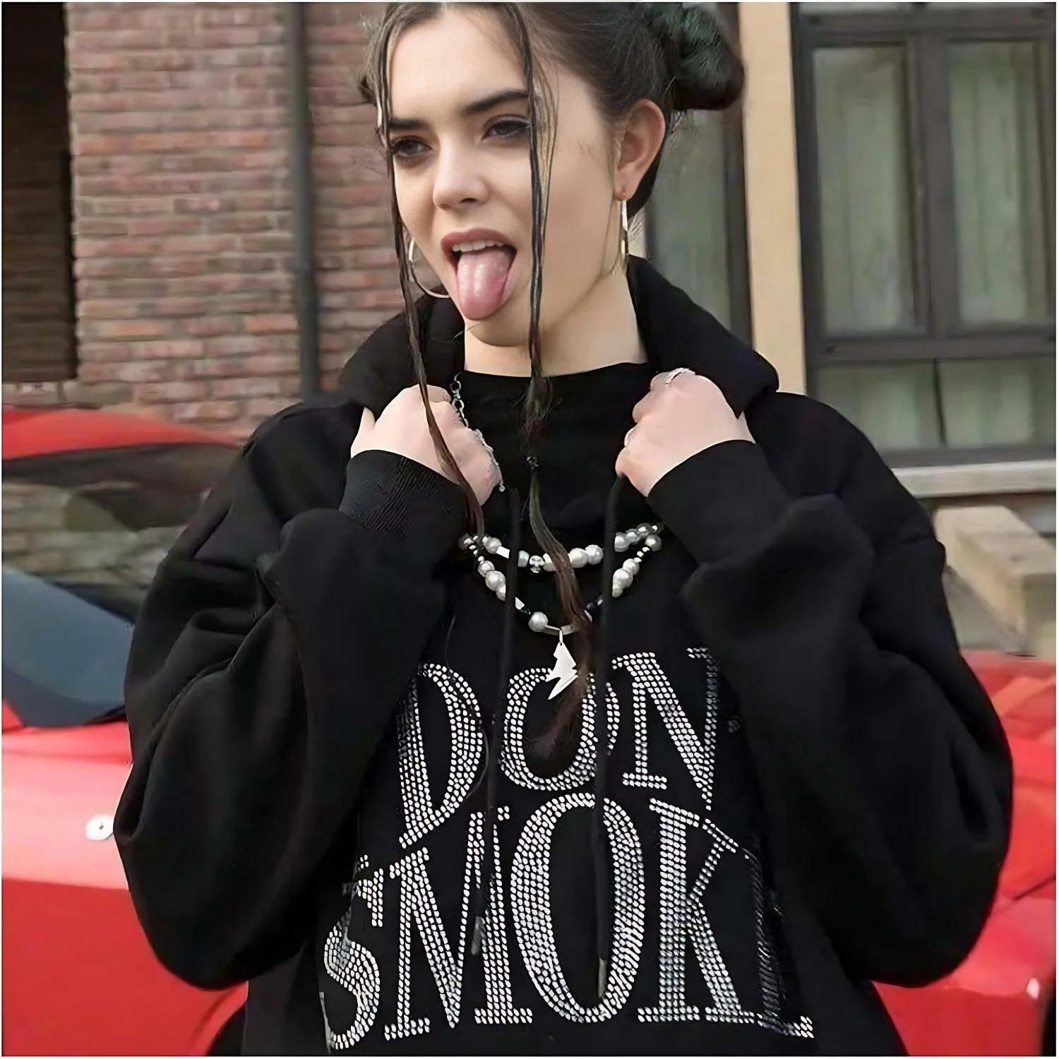 I Don't Smoke Rhinestone Hoodie - Y2K Fashion, Grunge Aesthetic, Cute Tops