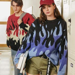 Indie Flame Y2K Knitted Sweater - Grunge Aesthetic & Cute Tops