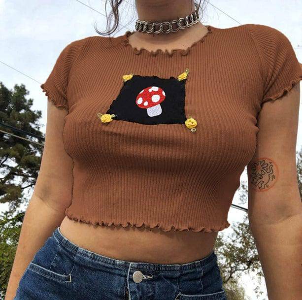 Indie Mushroom Crop Top - Y2K Aesthetic Cute Top for Grunge & Coquette Styles