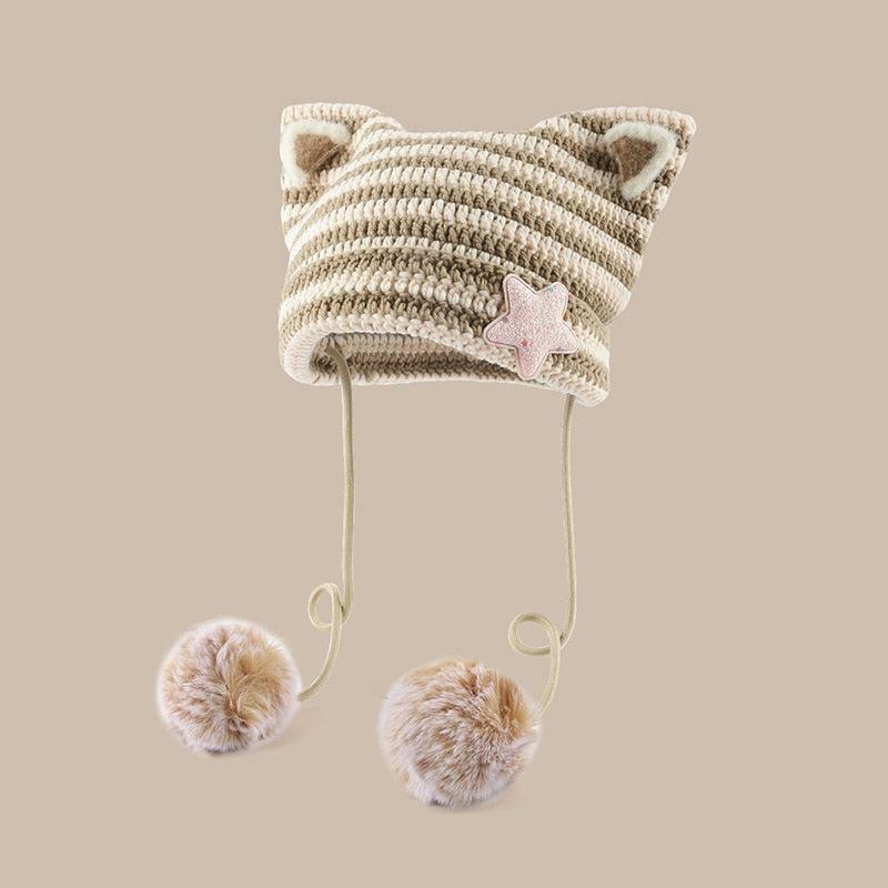 Kawaii Cat Ear Pom-Pom Beanie - Y2K Fashion Cute Accessory for Aesthetic Looks