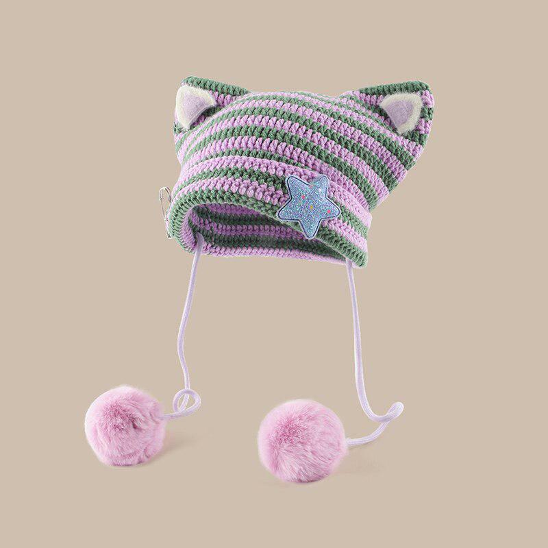 Kawaii Cat Ear Pom-Pom Beanie - Y2K Fashion Cute Accessory for Aesthetic Looks