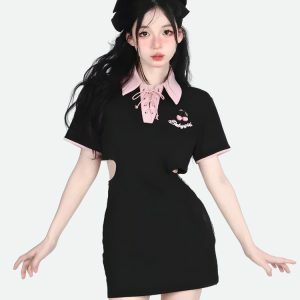 Kawaii Cherry Cut Out Mini Polo Dress - Y2K Aesthetic Cute Top