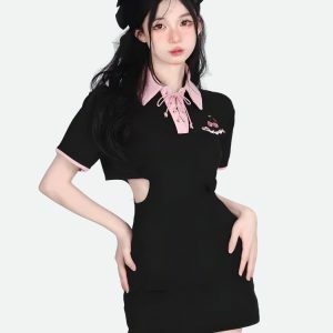 Kawaii Cherry Cut Out Mini Polo Dress - Y2K Aesthetic Cute Top