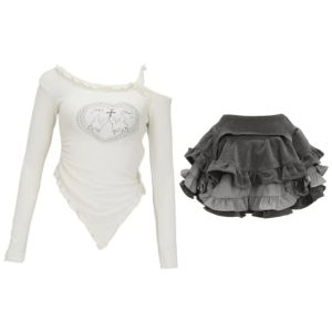 Kawaii Off Shoulder Y2K Outfit Set for Coquette & Grunge Aesthetic