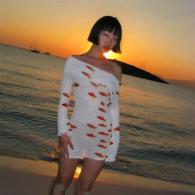 Koi Fish Printed Mesh Mini Dress - Y2K Aesthetic Cute Top for Trendy Looks