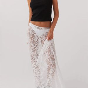 Lace Sheer Low Rise Maxi Skirt - Y2K Fashion & Coquette Aesthetic