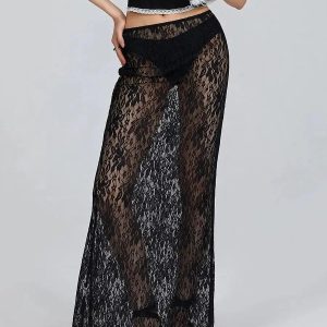 Lace Sheer Low Rise Maxi Skirt - Y2K Fashion & Coquette Aesthetic