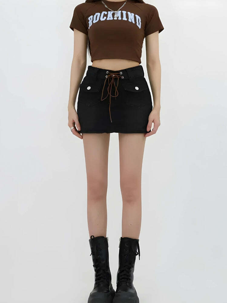 Lace Up Belted Denim Mini Skort - Y2K Fashion & Grunge Aesthetic Style