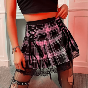 Lace Up Plaid Skirt - Y2K Fashion, Grunge Aesthetic, Cute Tops, Coquette Style