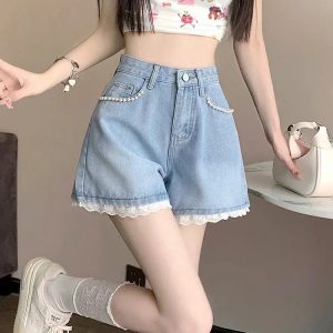 Lace Wide Leg Denim Shorts - Y2K Fashion, Grunge Aesthetic, Cute Tops