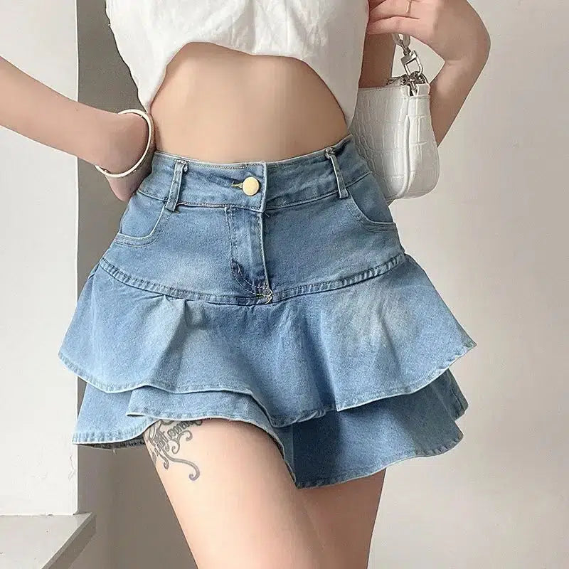 Layered Ruffled Denim Mini Skirt - Y2K Fashion, Grunge Aesthetic, Cute Tops