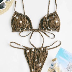 Leopard Daisy Drawstring Bikini Set - Y2K Aesthetic Swimwear Trend