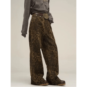 Leopard Print Baggy Y2K Pants for Grunge Aesthetic & Cute Outfits